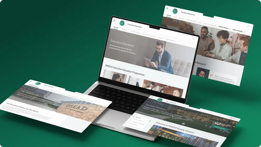 Redesigned INSEAD pages arranged on and around a laptop against a deep green ground.