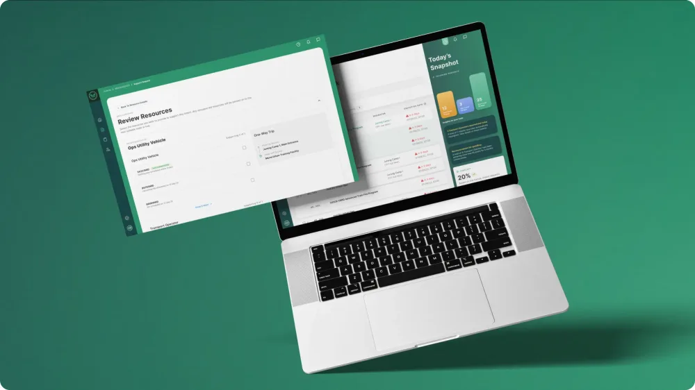 The Mobius platform on a laptop, showing the vehicle request dashboard with a second screen floating in front on the Review Resources step.