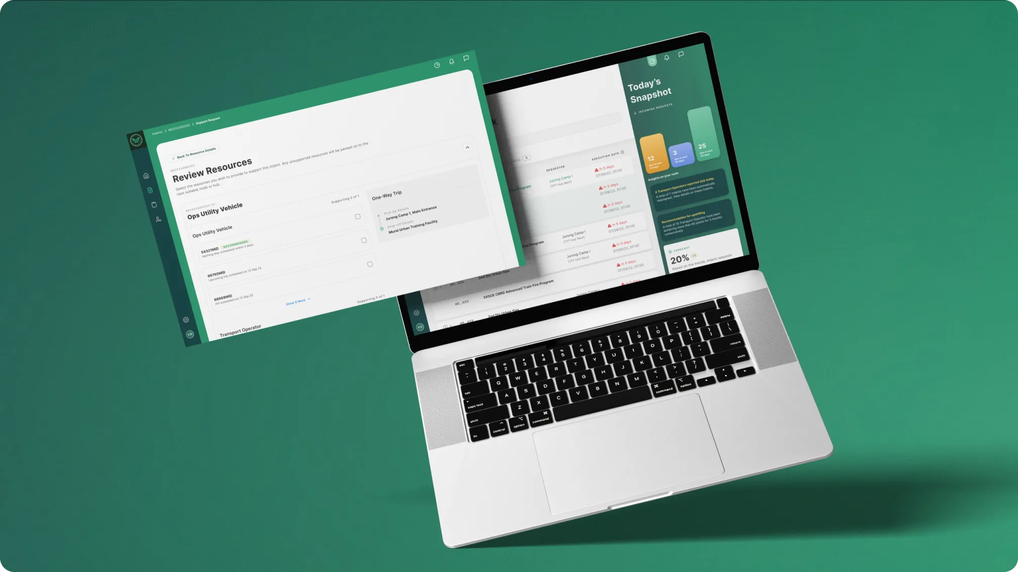 The Mobius platform on a laptop, showing the vehicle request dashboard with a second screen floating in front on the Review Resources step.